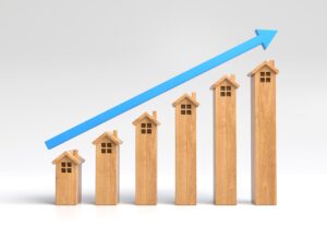 The graph of the house is rising and has a blue arrow, Real estate, Business idea. 3D illustration