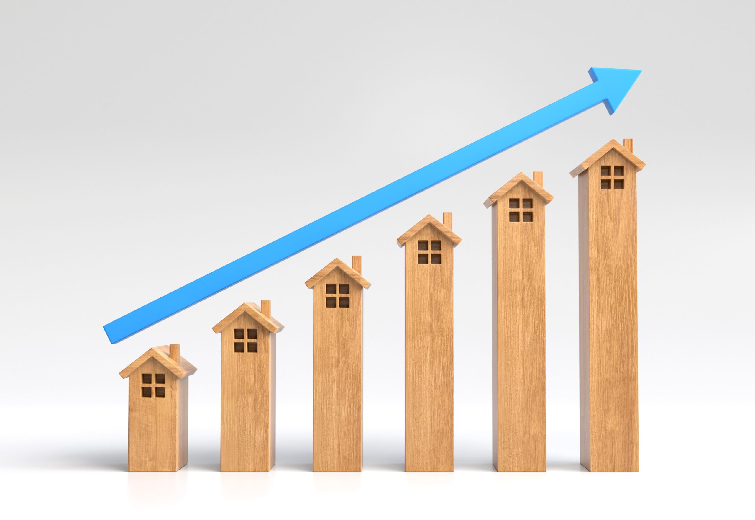 The graph of the house is rising and has a blue arrow, Real estate, Business idea. 3D illustration